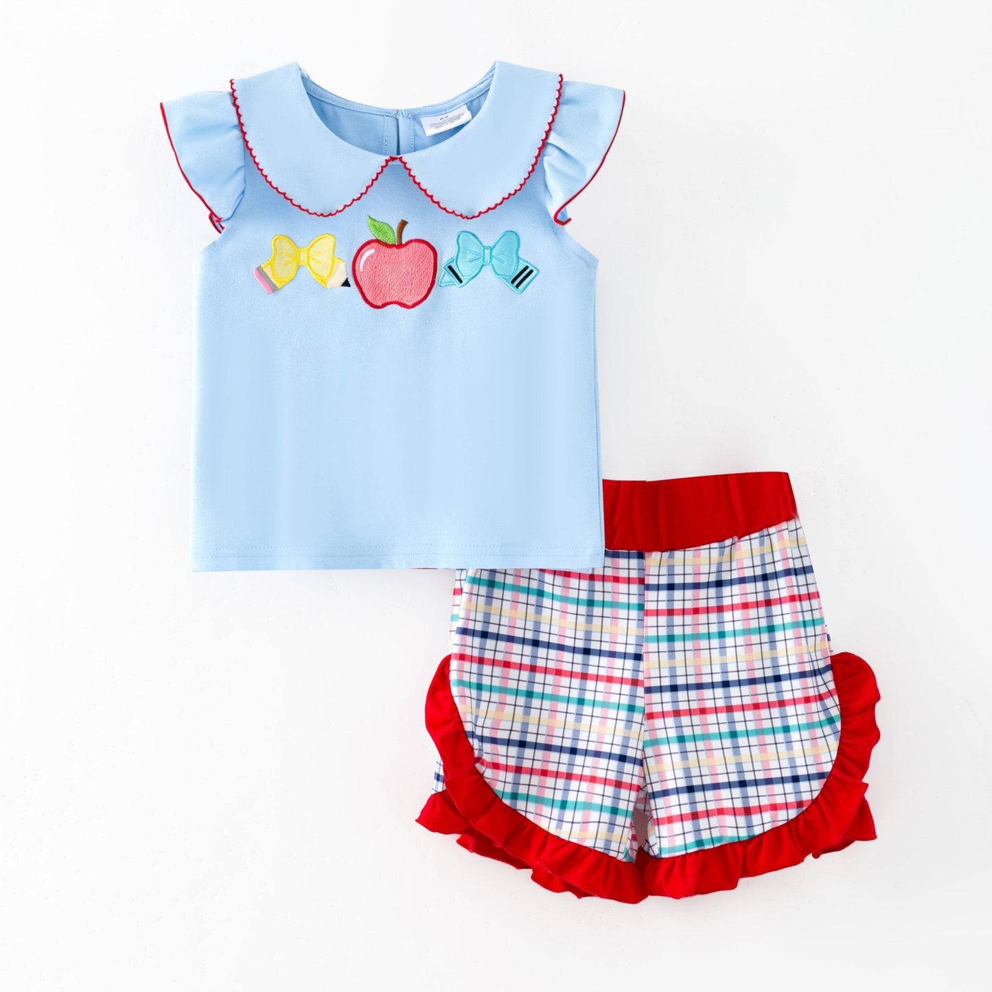 Apple Bow Collar Top & Plaid Ruffle Shorts Set | Girls School Outfit