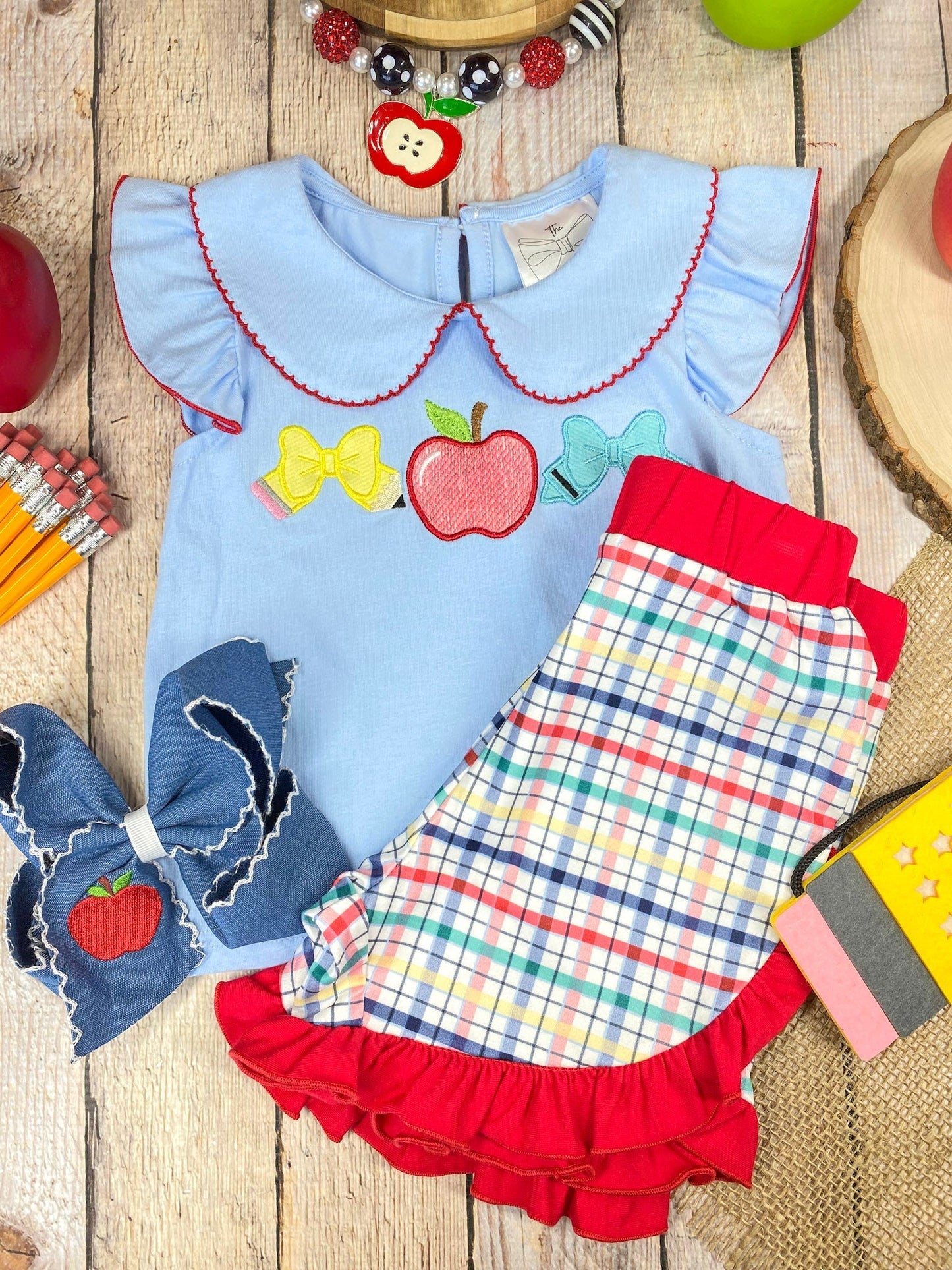 Apple Bow Collar Top & Plaid Ruffle Shorts Set | Girls School Outfit