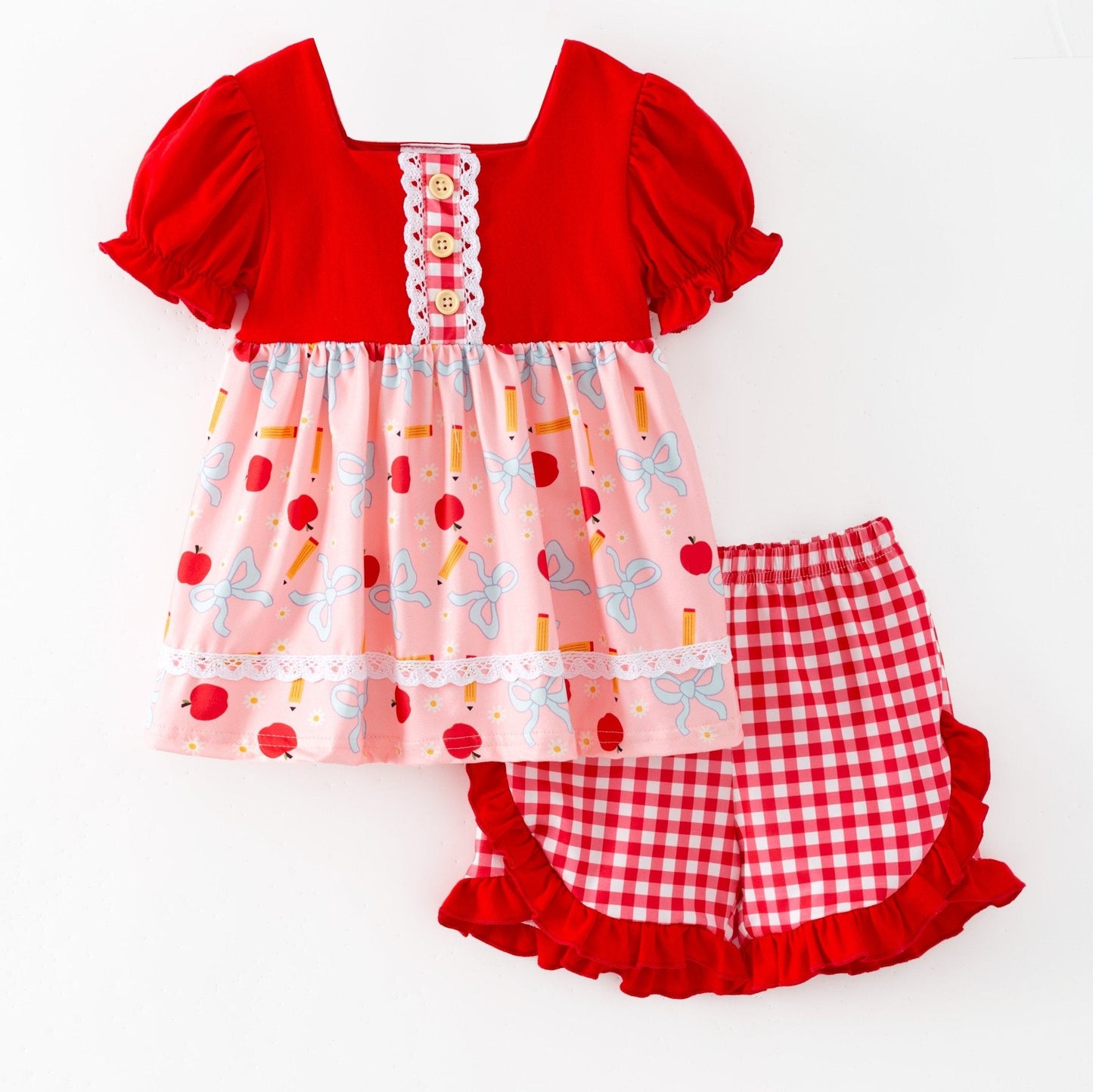 Apple Bow Gingham Shorts Set | Girls Back to School Outfit