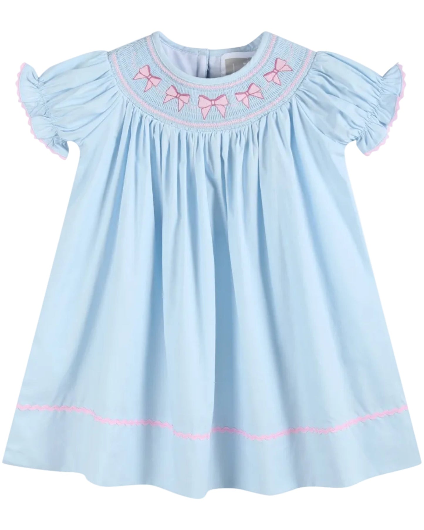 Blue and Pink Bow Smocked Bishop Dress