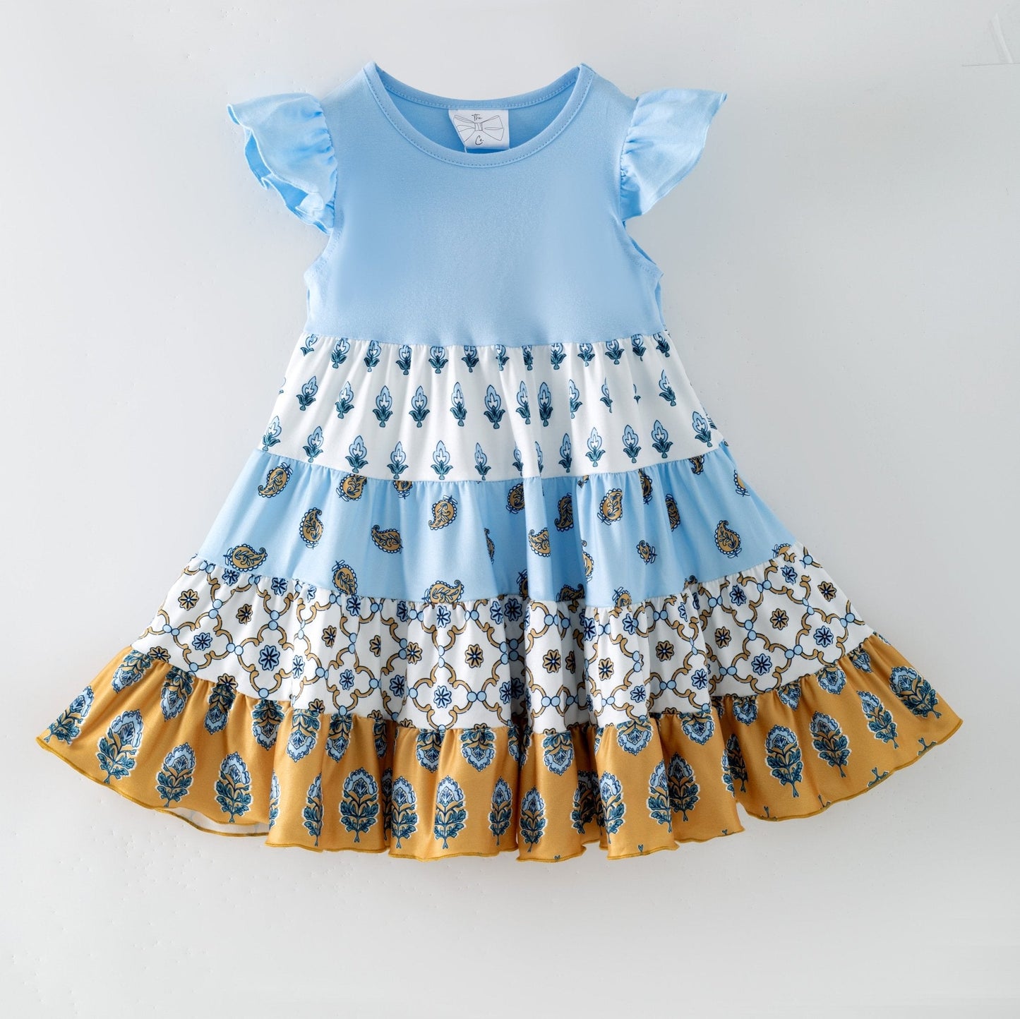 Blue Boho Patchwork Tiered Dress | Girls Floral Ruffle Dress