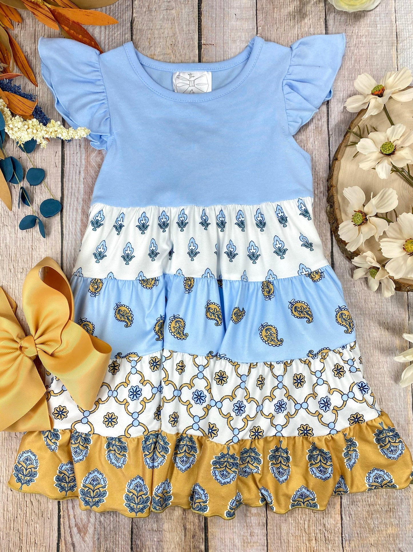 Blue Boho Patchwork Tiered Dress | Girls Floral Ruffle Dress