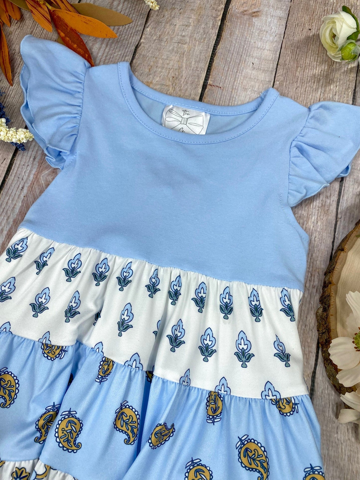 Blue Boho Patchwork Tiered Dress | Girls Floral Ruffle Dress