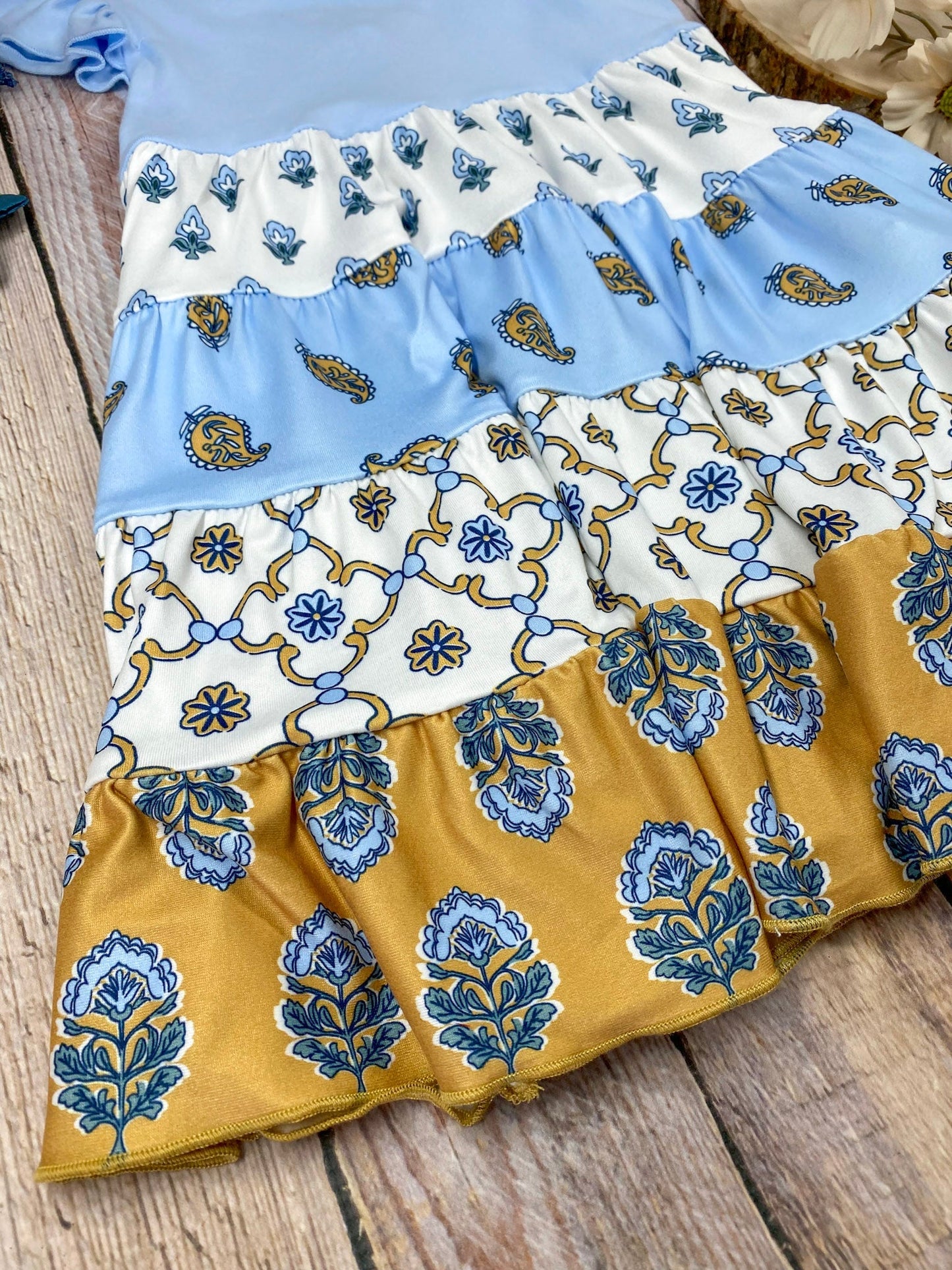 Blue Boho Patchwork Tiered Dress | Girls Floral Ruffle Dress