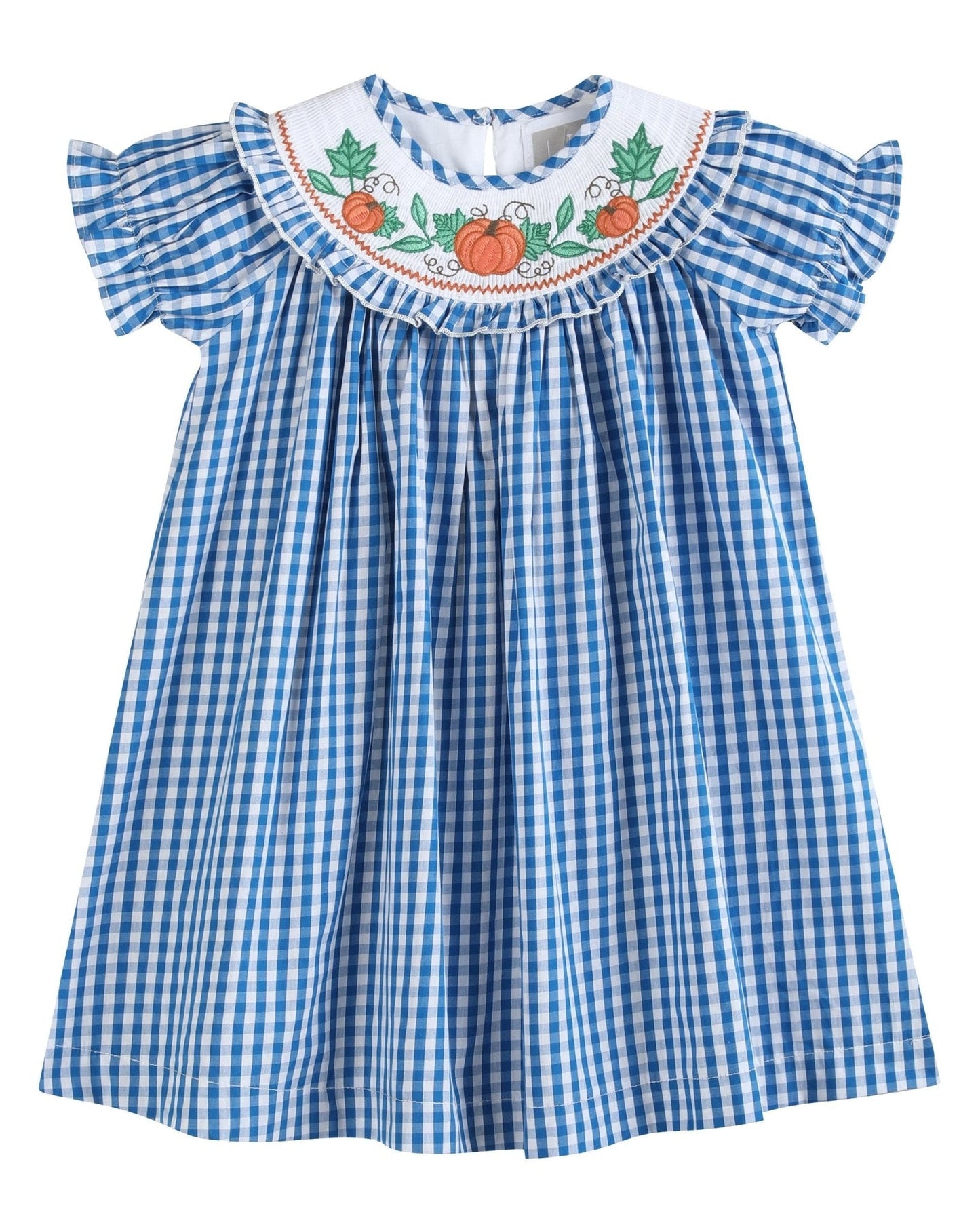Blue Gingham Pumpkin Smocked Ruffle Bishop Dress