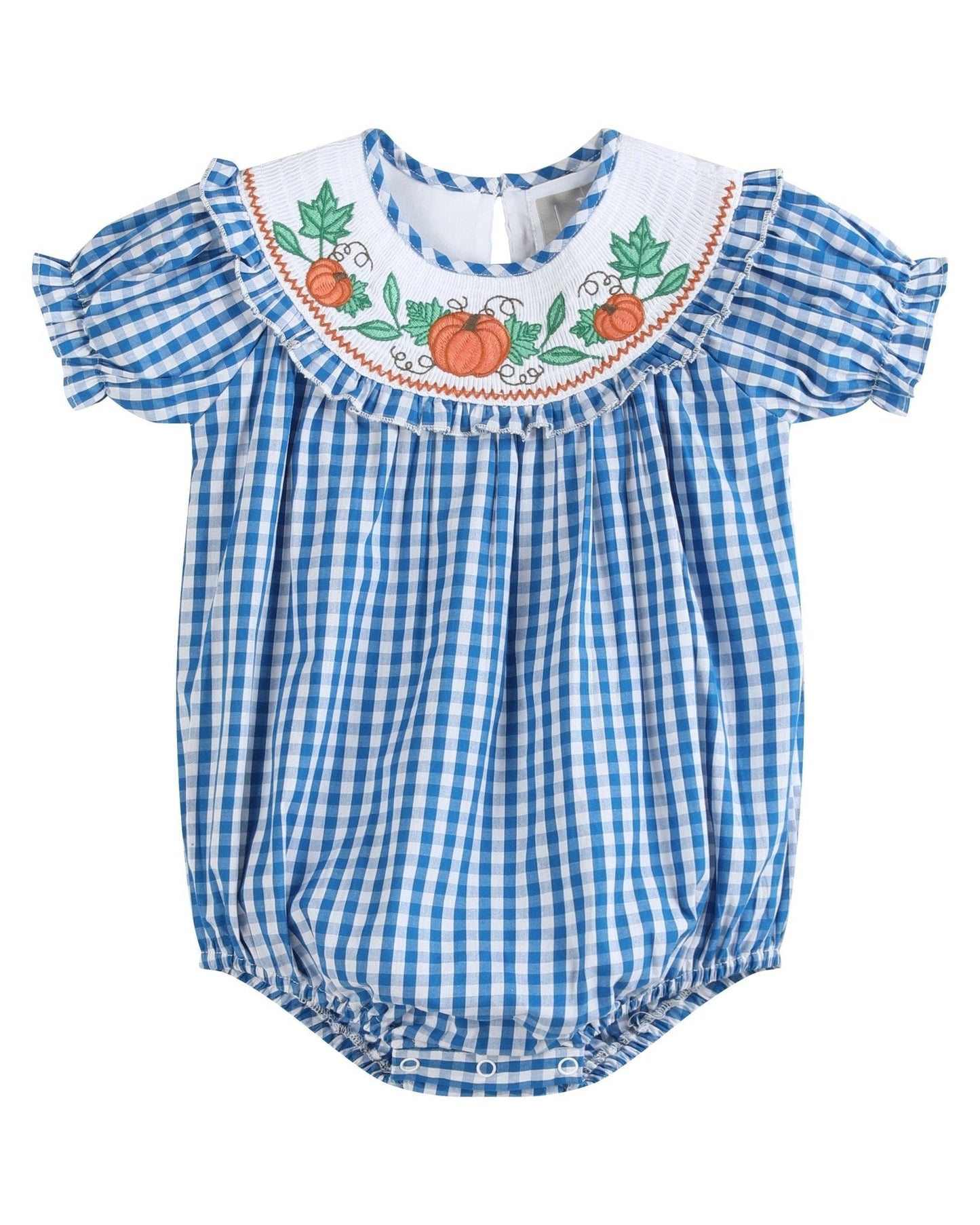 Blue Gingham Pumpkin Smocked Ruffle Romper