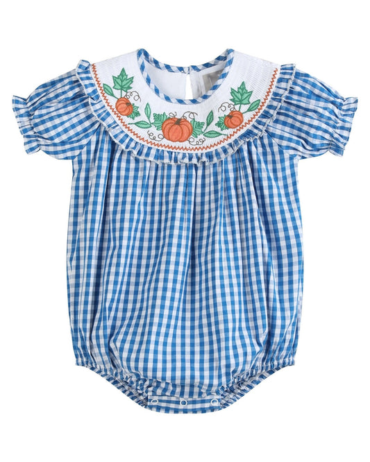 Blue Gingham Pumpkin Smocked Ruffle Bubble Romper