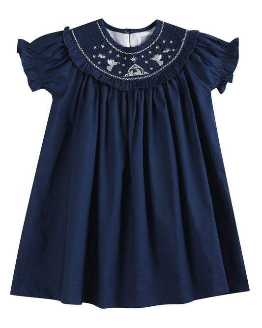 Blue Nativity Smocked Ruffle Bishop Dress