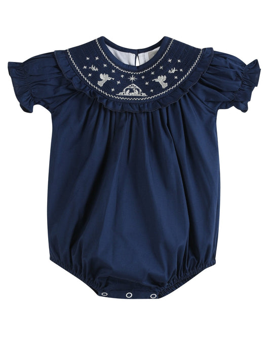 Blue Nativity Smocked Ruffle Romper