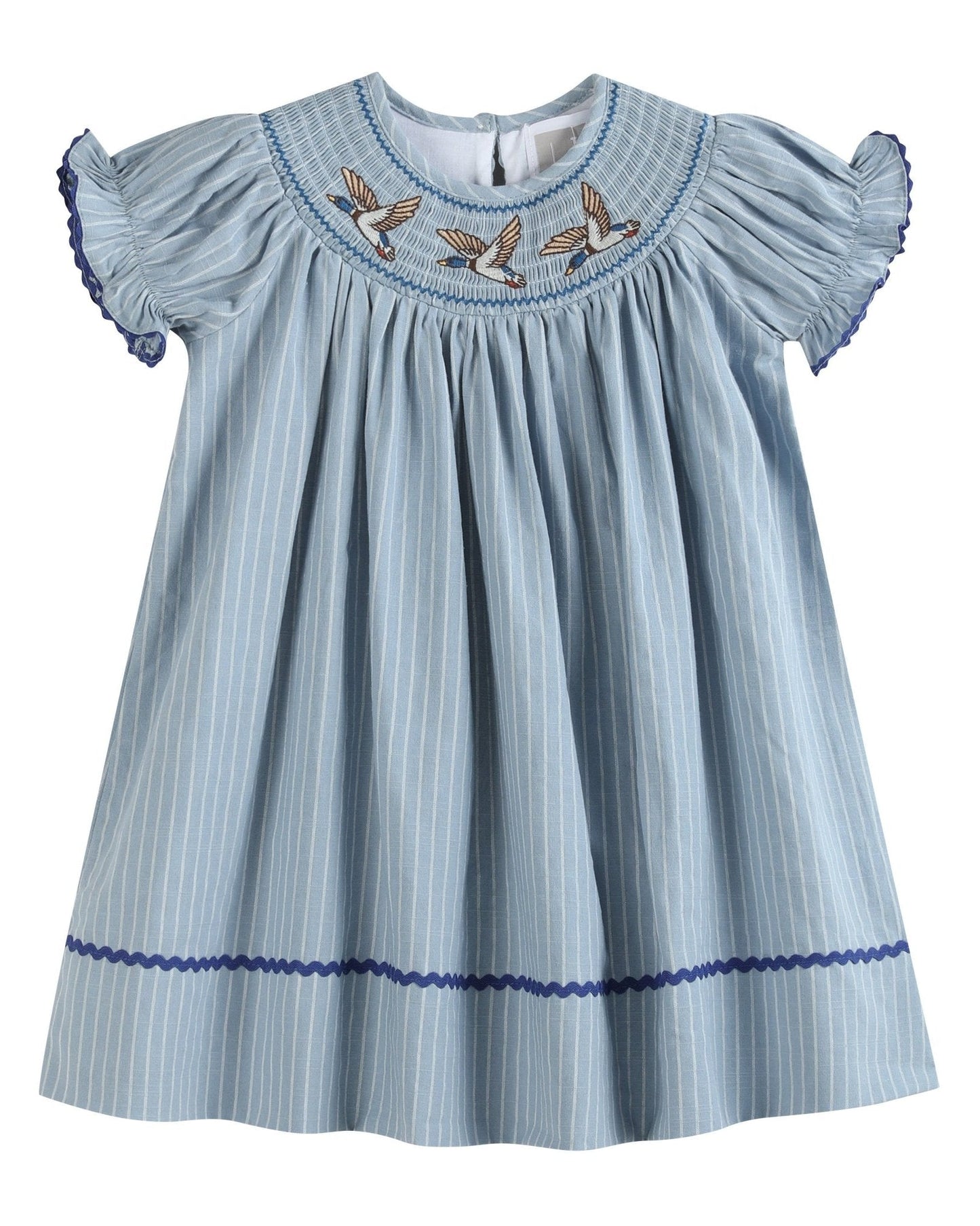 Blue Pinstripe Mallard Duck Smocked Bishop Dress