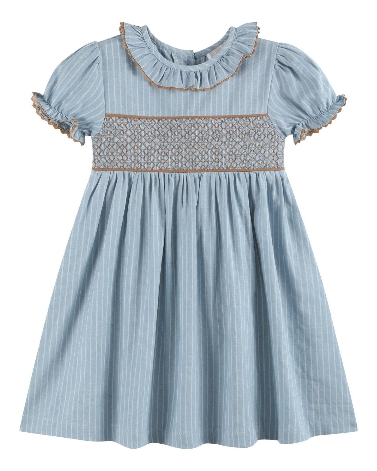Blue Pinstripe Brown Smocked Ruffle Collar Dress