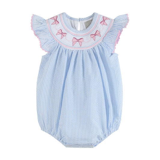 Blue Seersucker Bow Smocked Flutter Bubble Romper