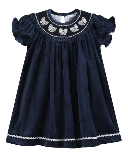 Blue Velvet Silver Bows Smocked Ruffle Bishop Dress