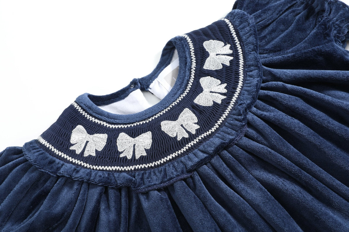 Blue Velvet Silver Bows Smocked Ruffle Bishop Dress