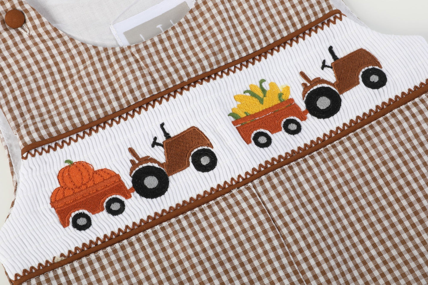 Brown Gingham Pumpkin and Corn Tractor Smocked Longalls