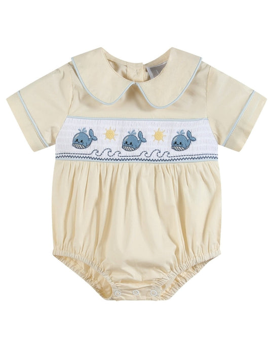 Buttercream Yellow Whale Smocked Collared Bubble Romper