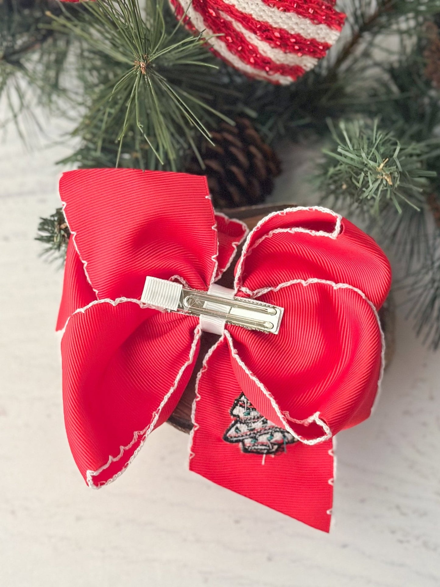 Christmas Tree Cake Embroidered Hair Bow | Clip or Headband