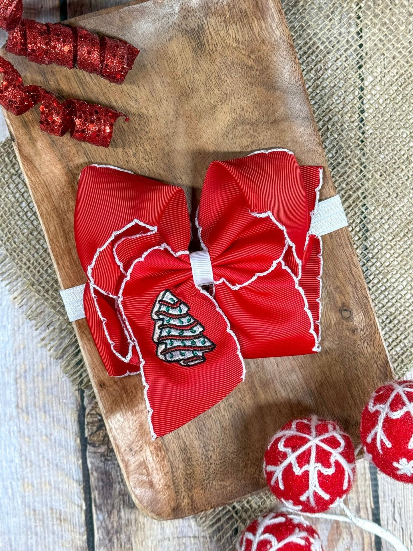Christmas Tree Cake Embroidered Hair Bow | Clip or Headband