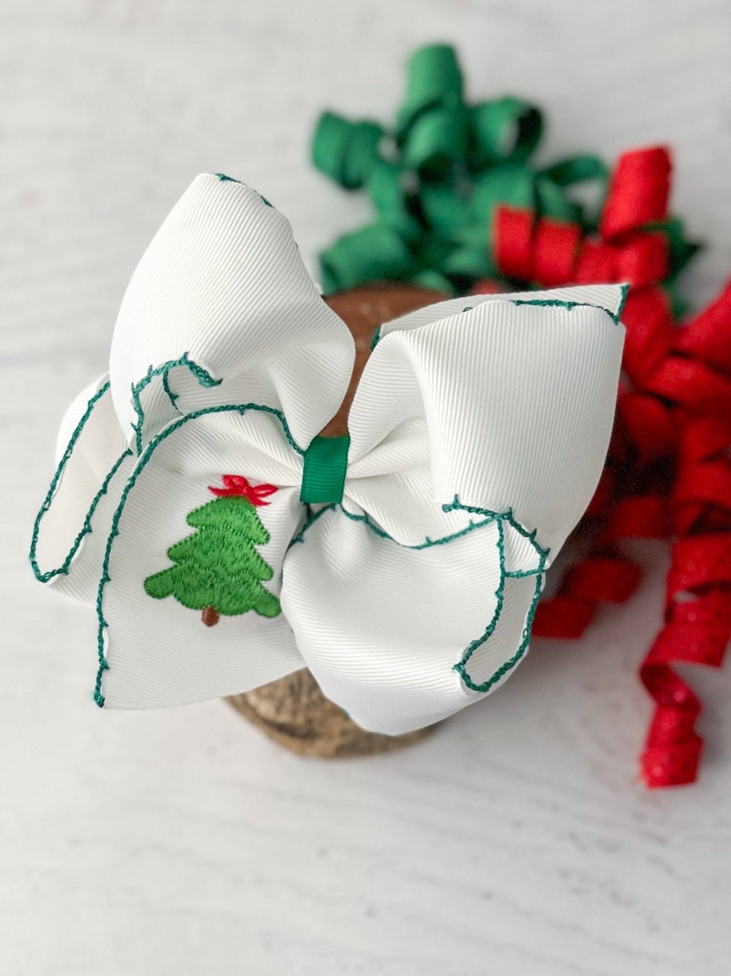 Christmas Tree Embroidered Hair Bow | Clip or Headband