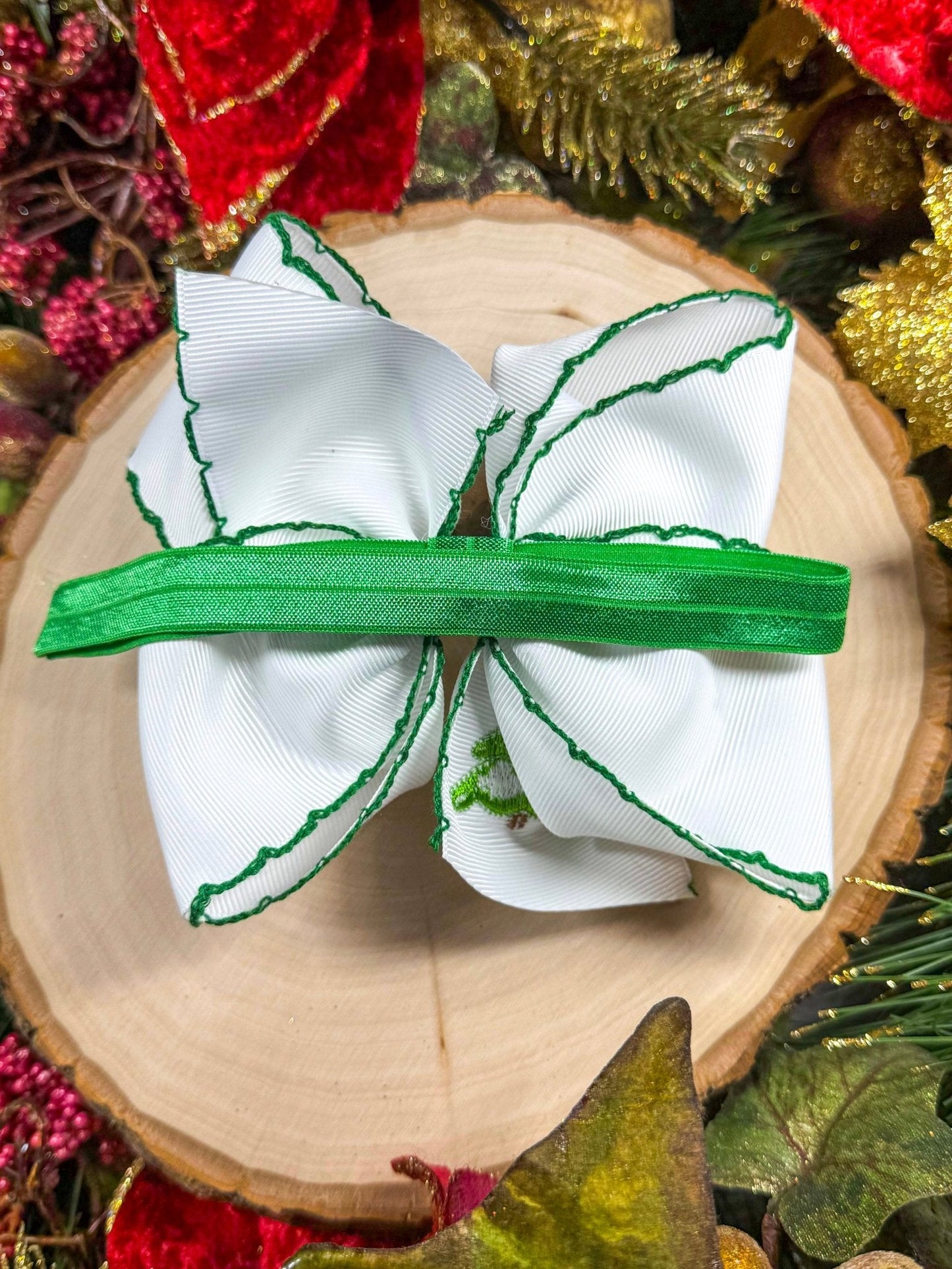 Christmas Tree Embroidered Hair Bow | Clip or Headband