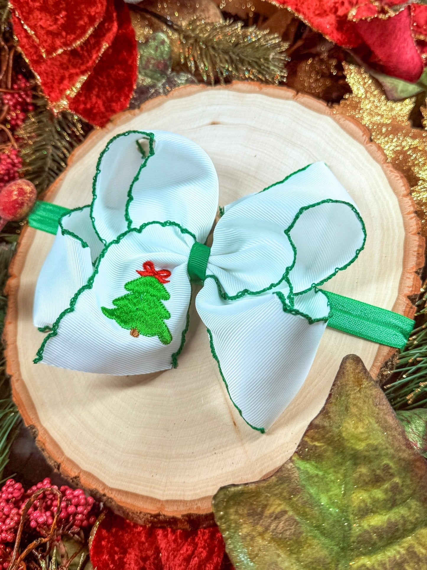 Christmas Tree Embroidered Hair Bow | Clip or Headband