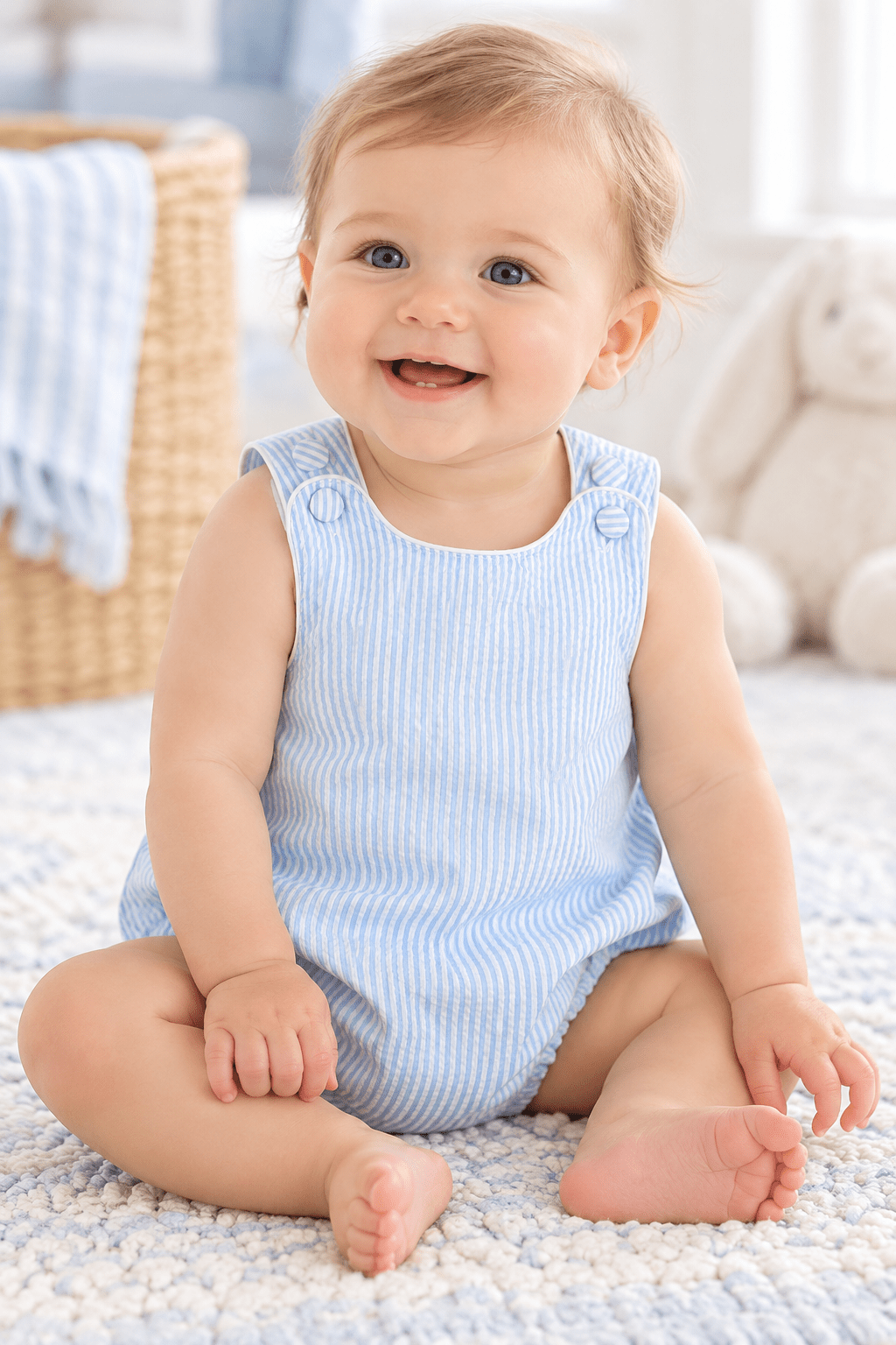 Classic Light Blue Seersucker Bubble Romper