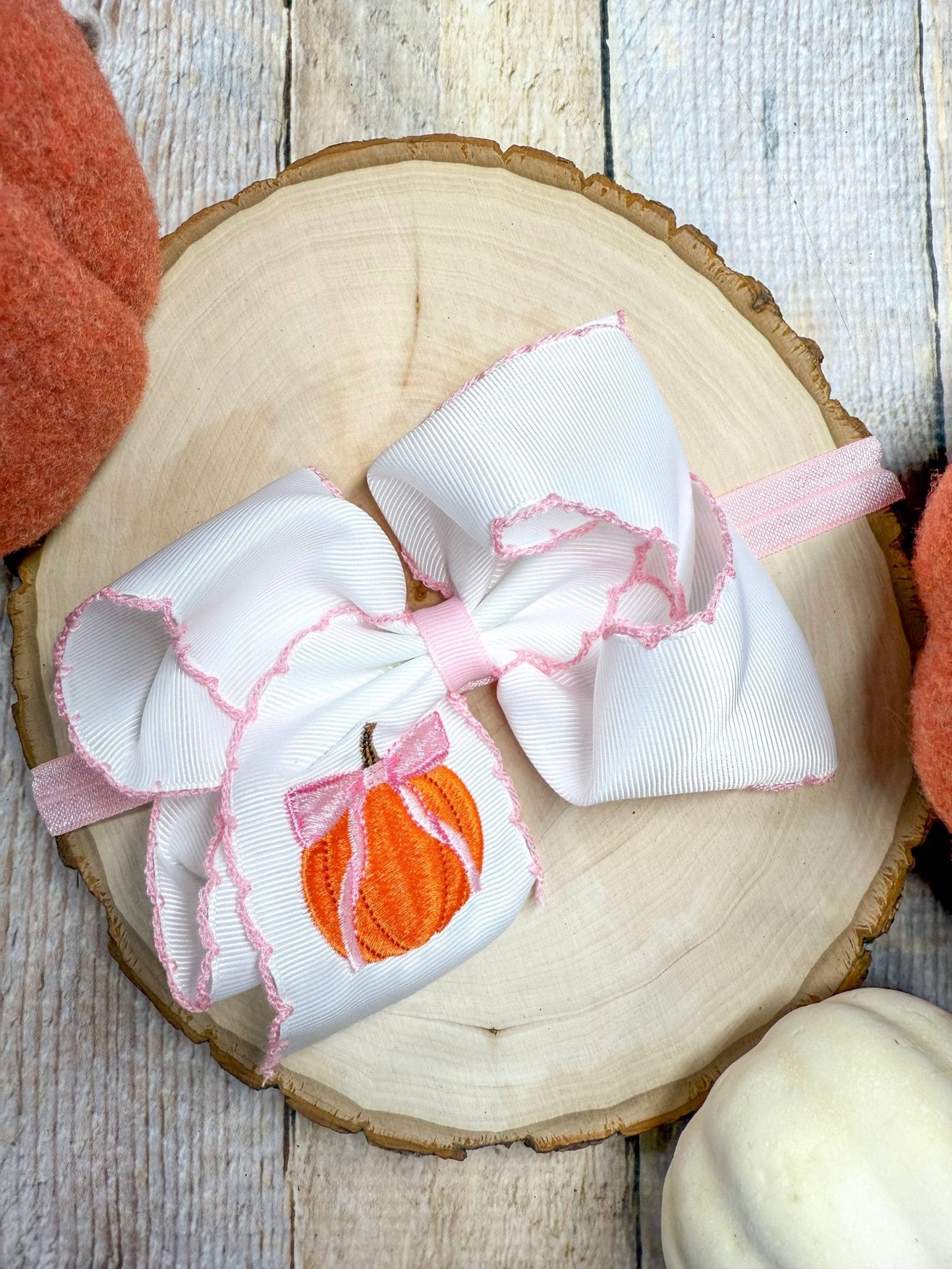 Coquette Pumpkin Embroidered Moonstitch Hair Bow | Clip or Headband