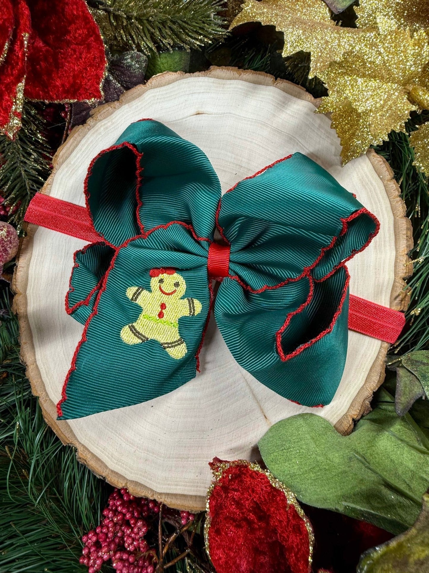 Gingerbread Embroidered Moonstitch Hair Bow | Clip or Headband