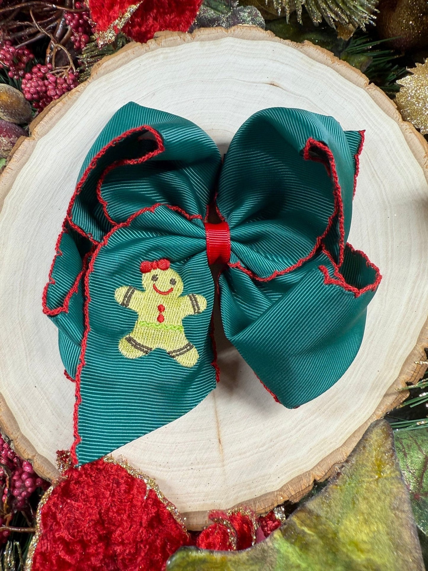 Gingerbread Embroidered Moonstitch Hair Bow | Clip or Headband
