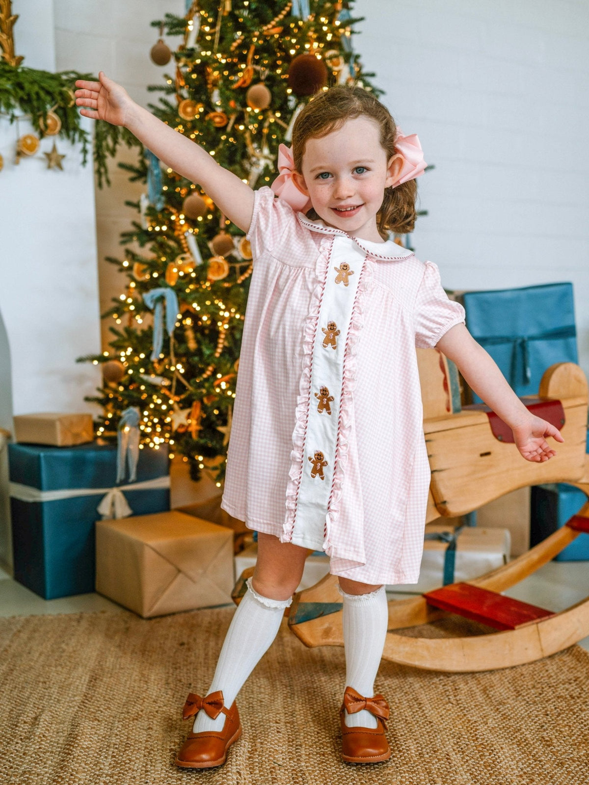 Gingerbread Friends Pink Embroidered Girls Dress
