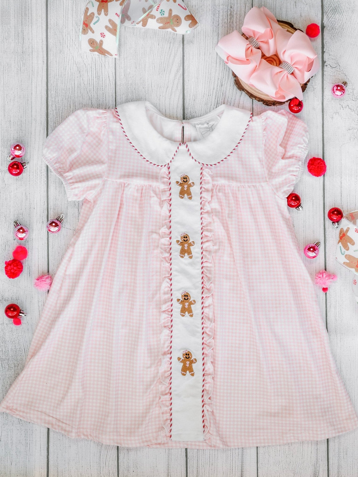 Gingerbread Friends Pink Embroidered Girls Dress