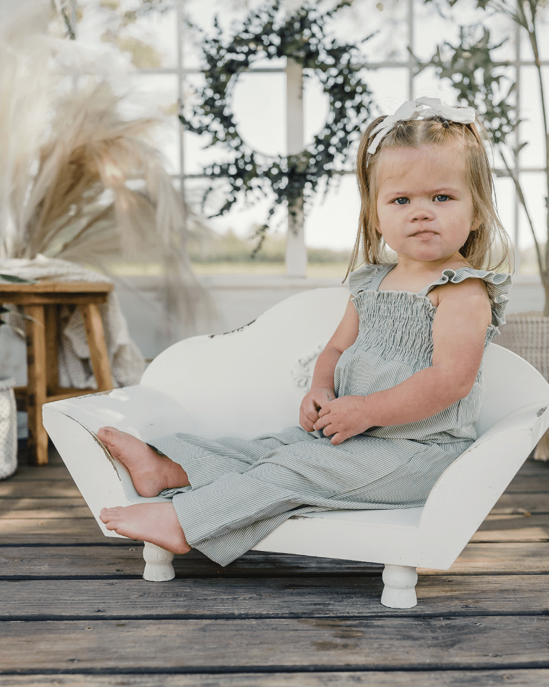 Goldie Smocked Jumpsuit - Sage Pinstripe
