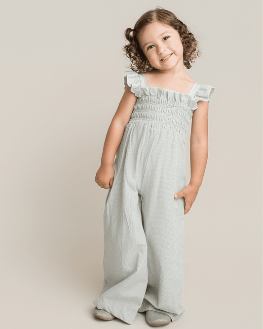 Goldie Smocked Jumpsuit - Sage Pinstripe