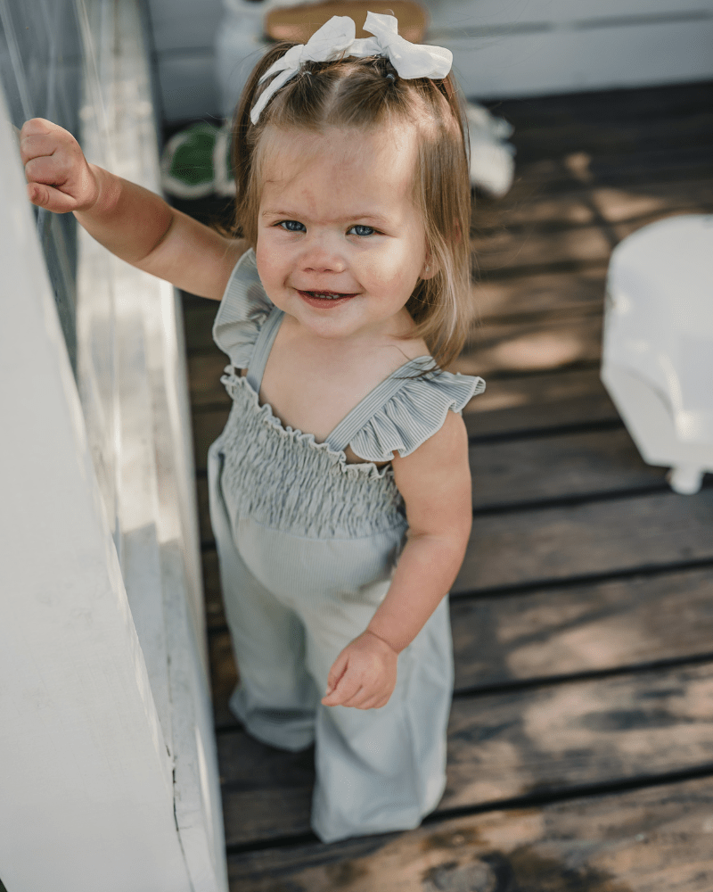 Goldie Smocked Jumpsuit - Sage Pinstripe