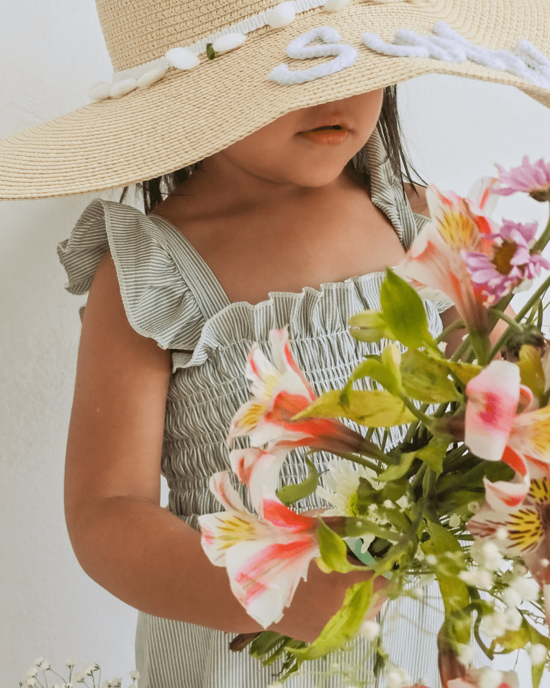 Goldie Smocked Jumpsuit - Sage Pinstripe
