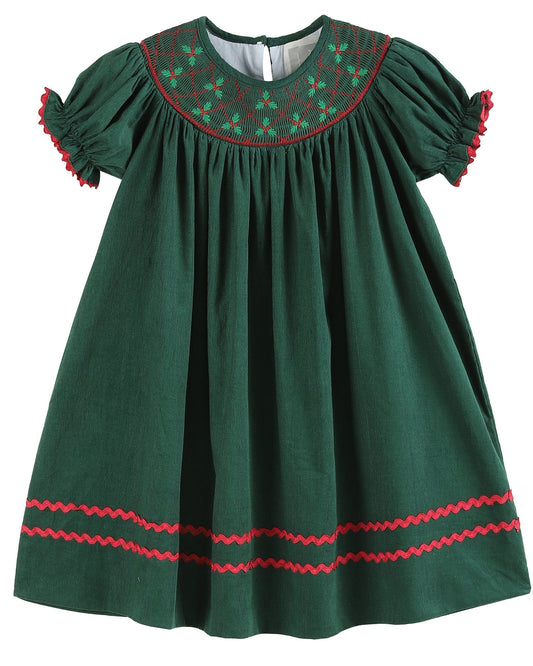 Green Christmas Mistletoe Smocked Bishop Dress