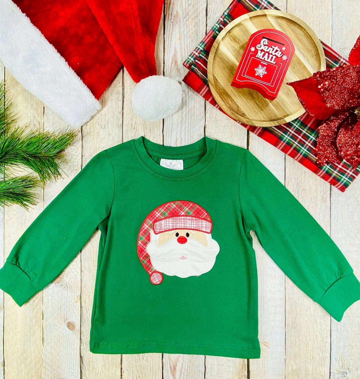 Green Plaid Santa Boys Long Sleeve Christmas Shirt
