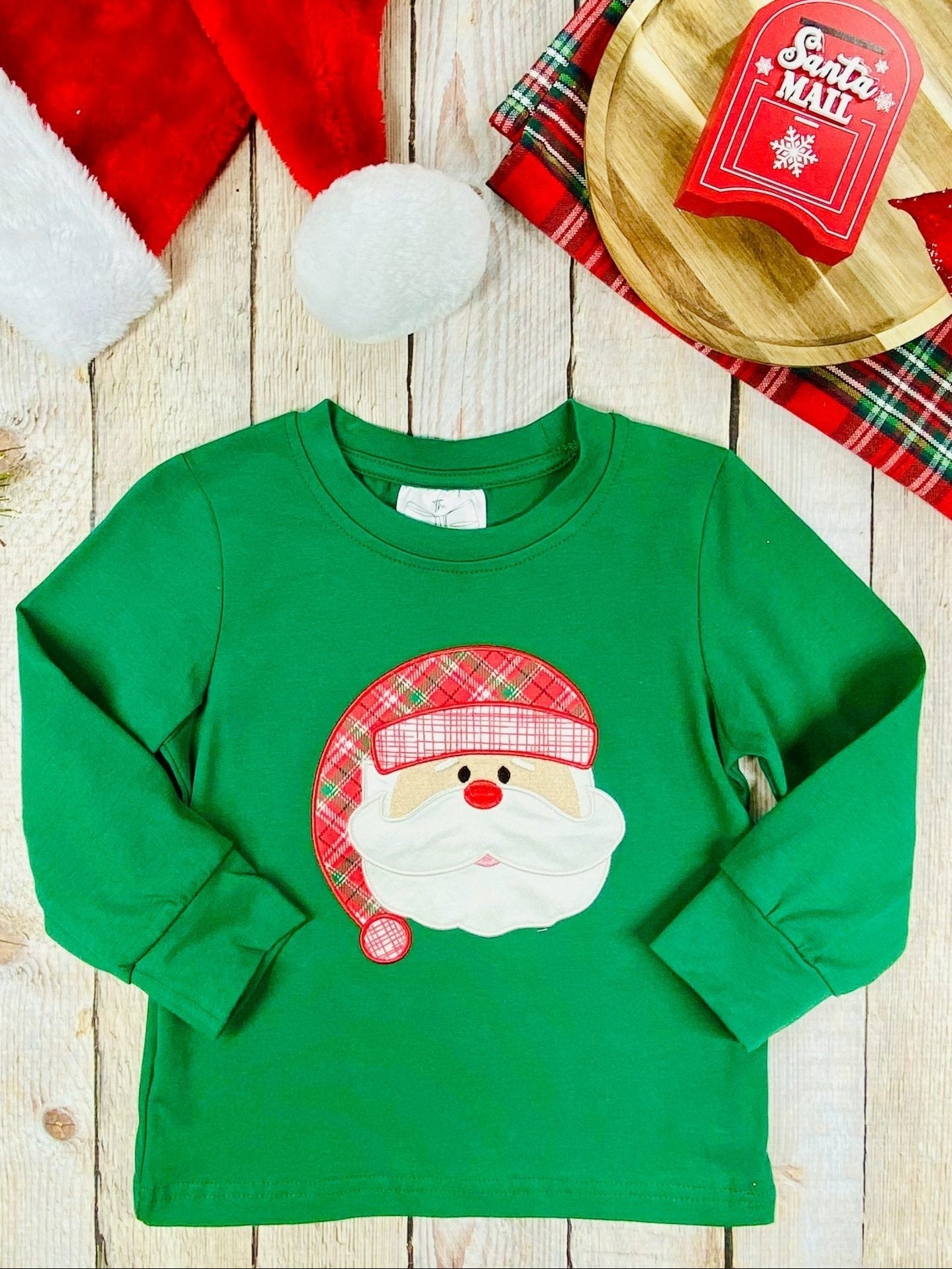 Green Plaid Santa Boys Long Sleeve Christmas Shirt
