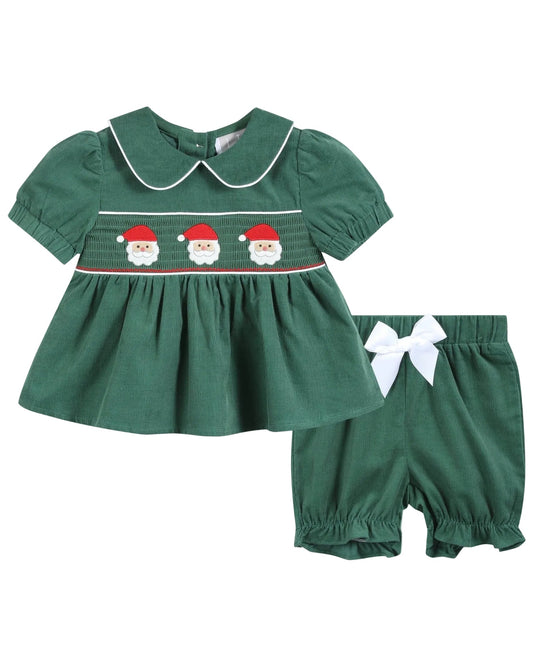 Green Corduroy Santa Smocked Dress and Bloomers