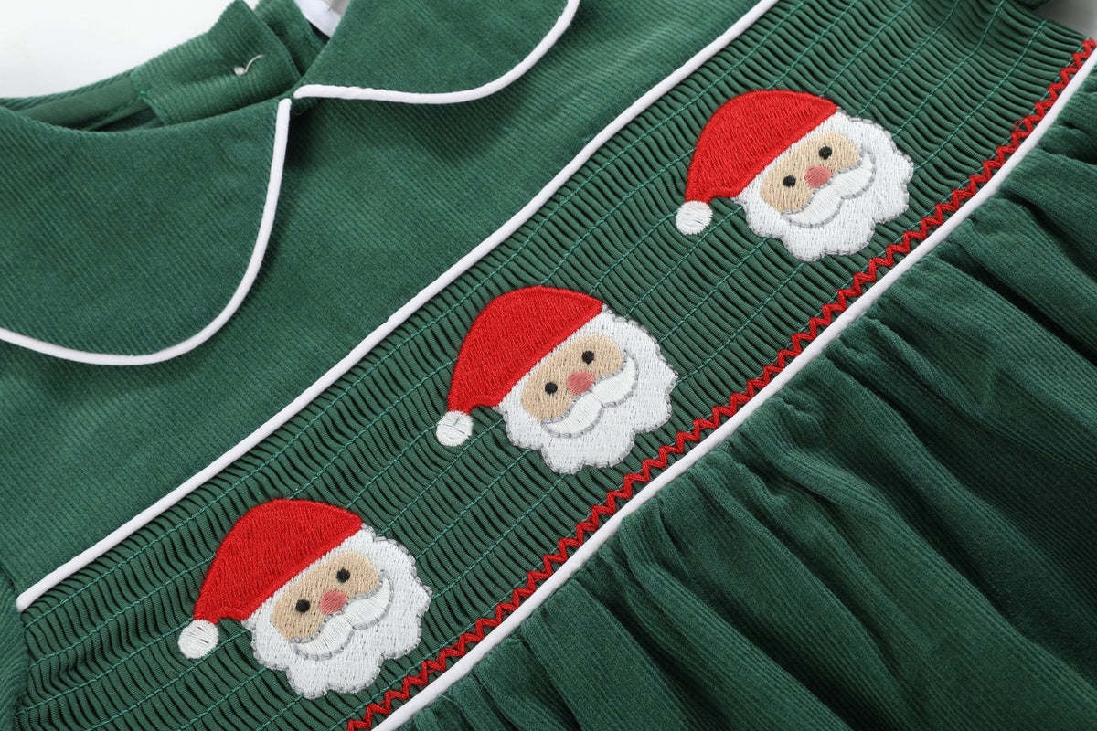 Green Corduroy Santa Smocked Dress and Bloomers