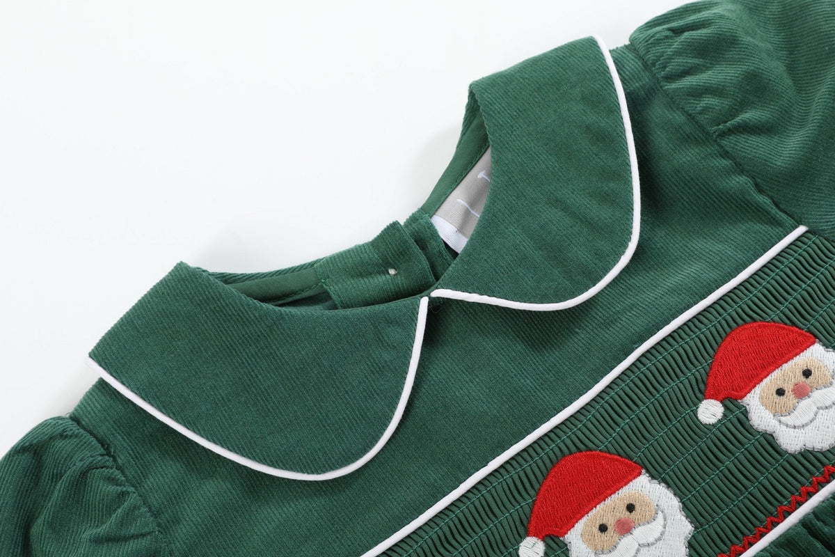 Green Corduroy Santa Smocked Dress and Bloomers