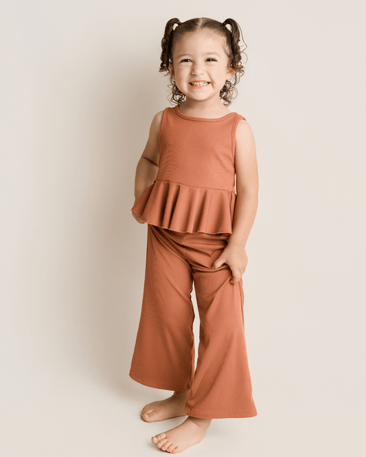 Hattie Peplum Top Two-Piece Wide Leg Set - Copper Ember