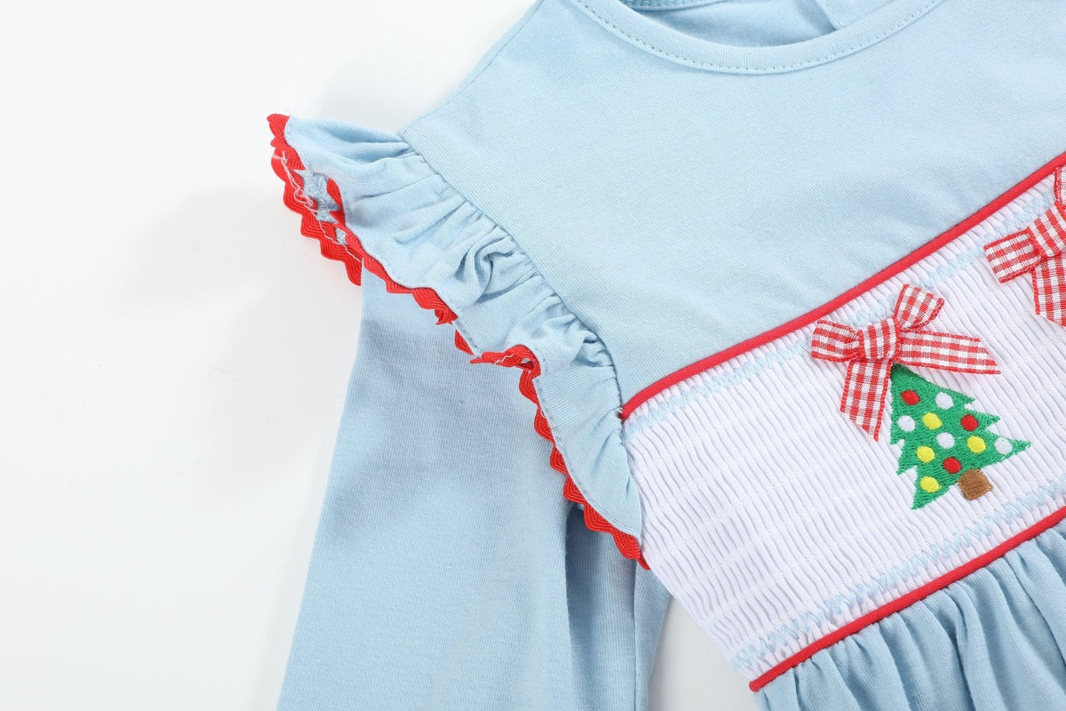Light Blue Christmas Tree Smocked Knit Dress