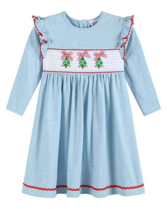 Light Blue Christmas Tree Smocked Knit Dress