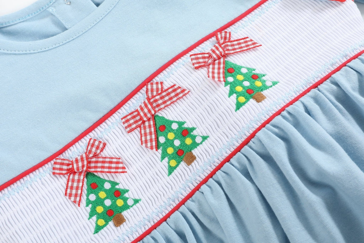 Light Blue Christmas Tree Smocked Knit Dress