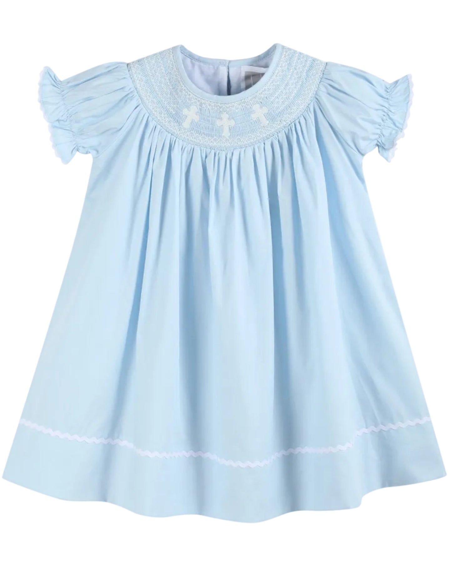 Light Blue Crosses Smocked Bishop Dress