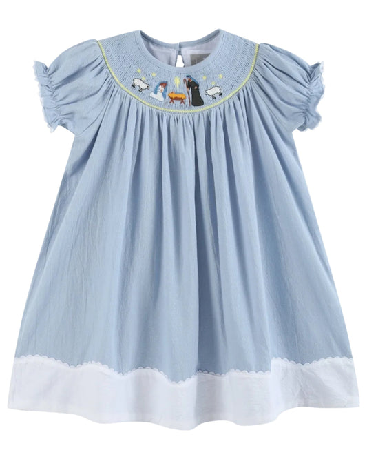 Light Blue Nativity Smocked Bishop Sleeve Dress