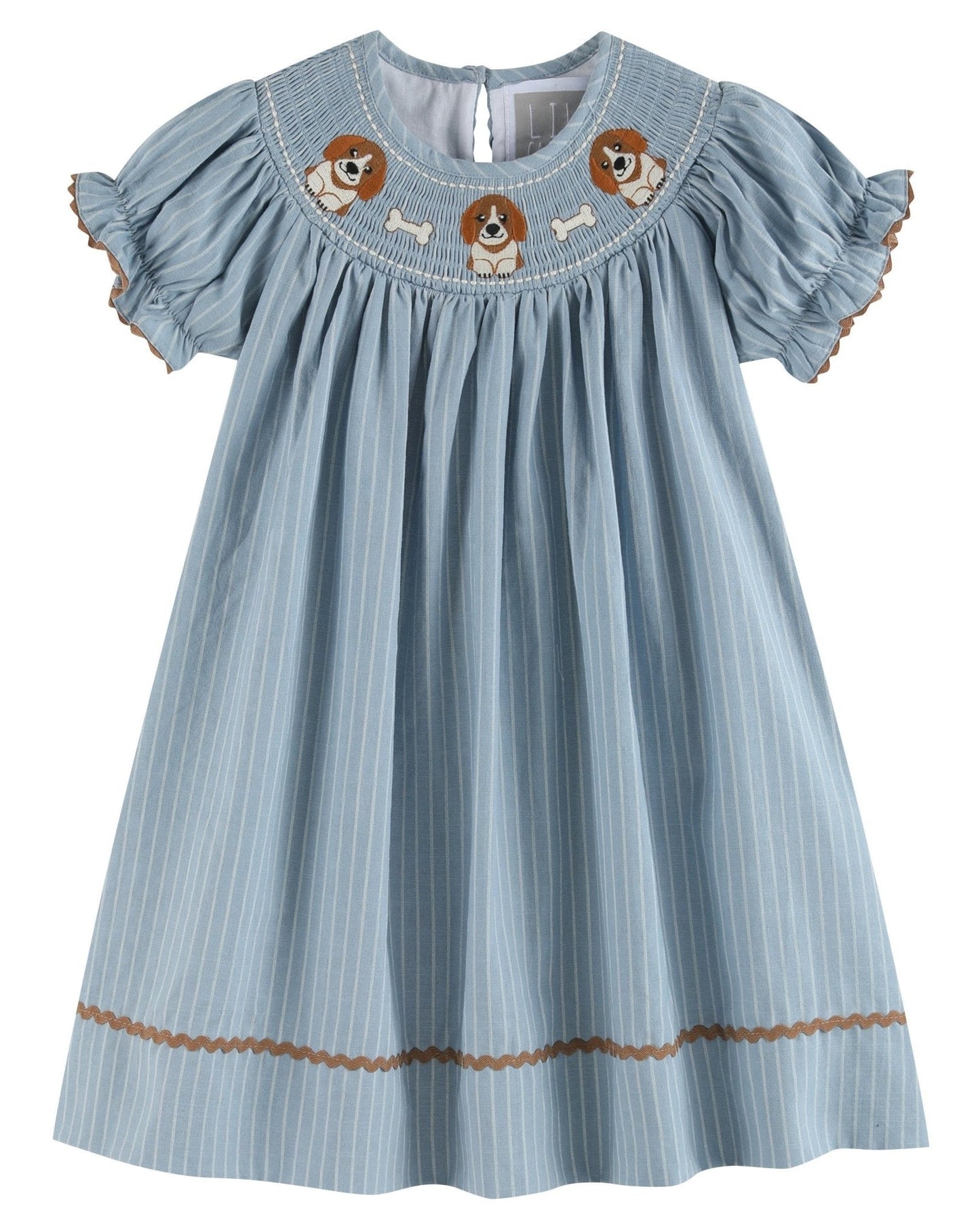 Light Blue Puppy Smocked Bishop Dress
