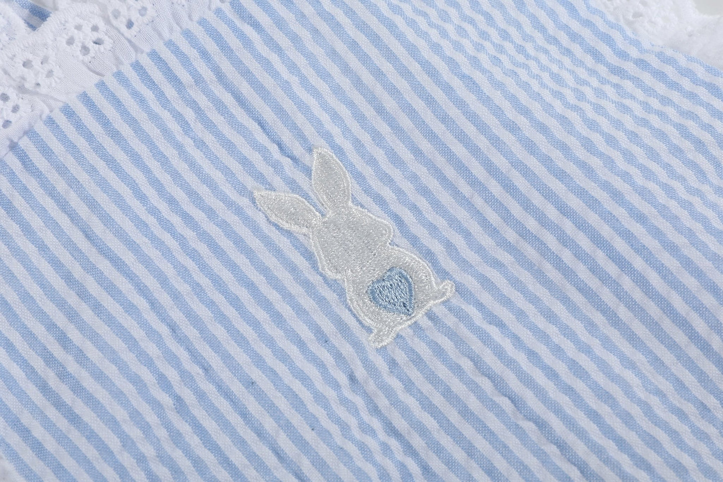 Light Blue Seersucker Bunny Ruffle Romper
