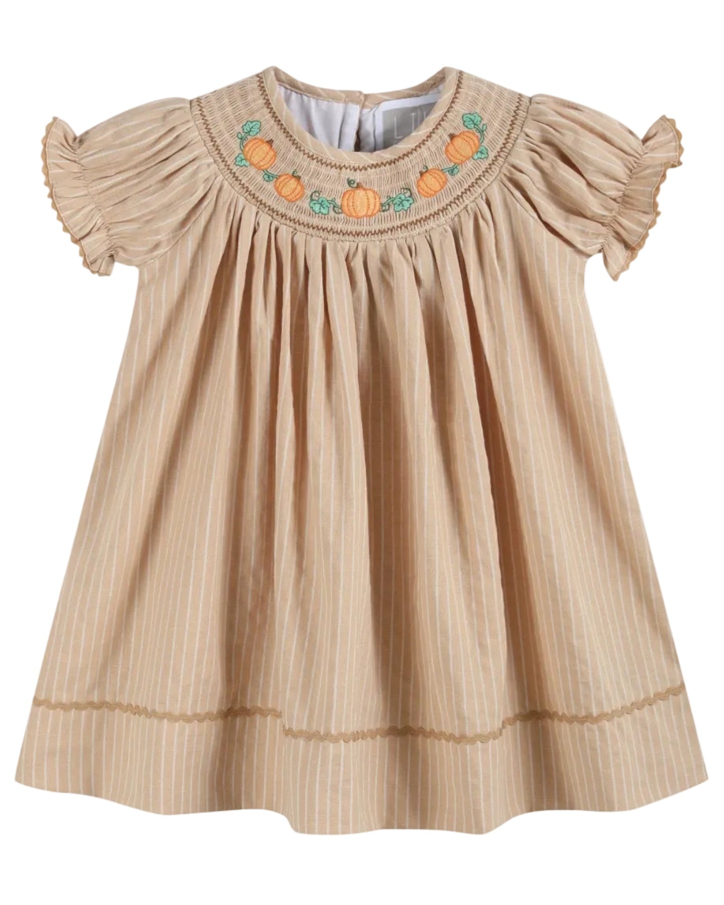 Light Brown Pinstripe Pumpkin Smocked Bishop Dress